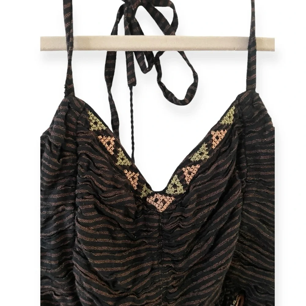 Free People Sweet Safari Stripe embroidered halter sweetheart brown size S boho